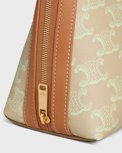 Medium Cosmetic Pouch in Triomphe Canvas and Calfskin – Sandcastle / Soft Lime